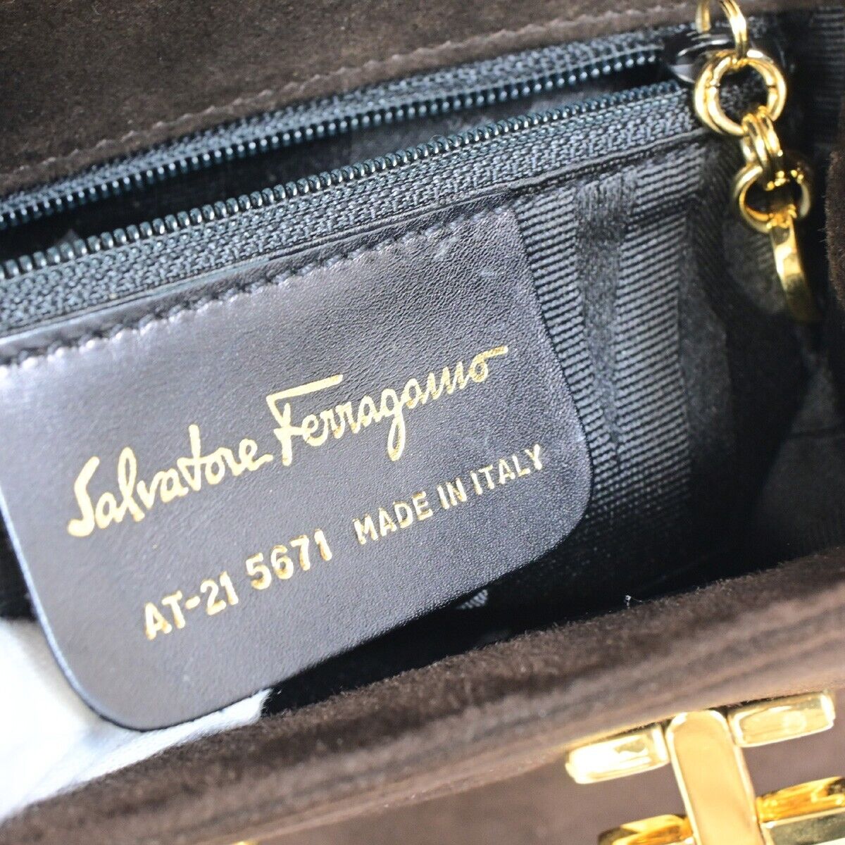 SALVATORE FERRAGAMO Logo Gancini Hand Bag Suede Leather Brown GHW Italy 04FA937