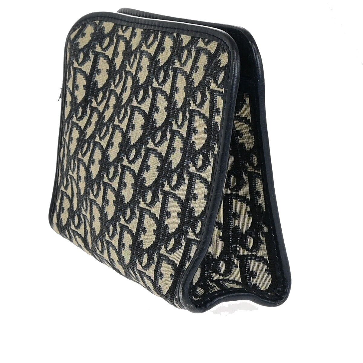 CHRISTIAN DIOR Logo Trotter Pattern Pouch Canvas Leather Navy Blue 01EC871