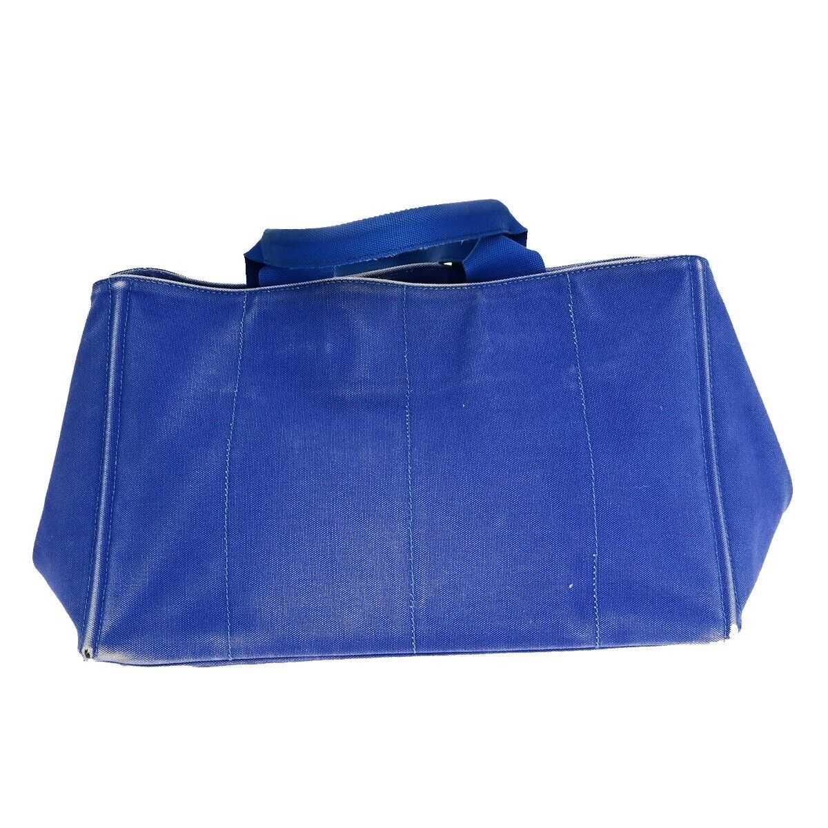PRADA Milano Logo CANAPA Tote Hand Bag Canvas Leather Blue Gold 68EB512