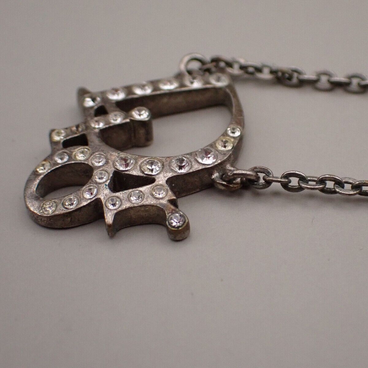 CHRISTIAN DIOR CD Logo Rhinestone Pendant Necklace Charm Silver 05YG841