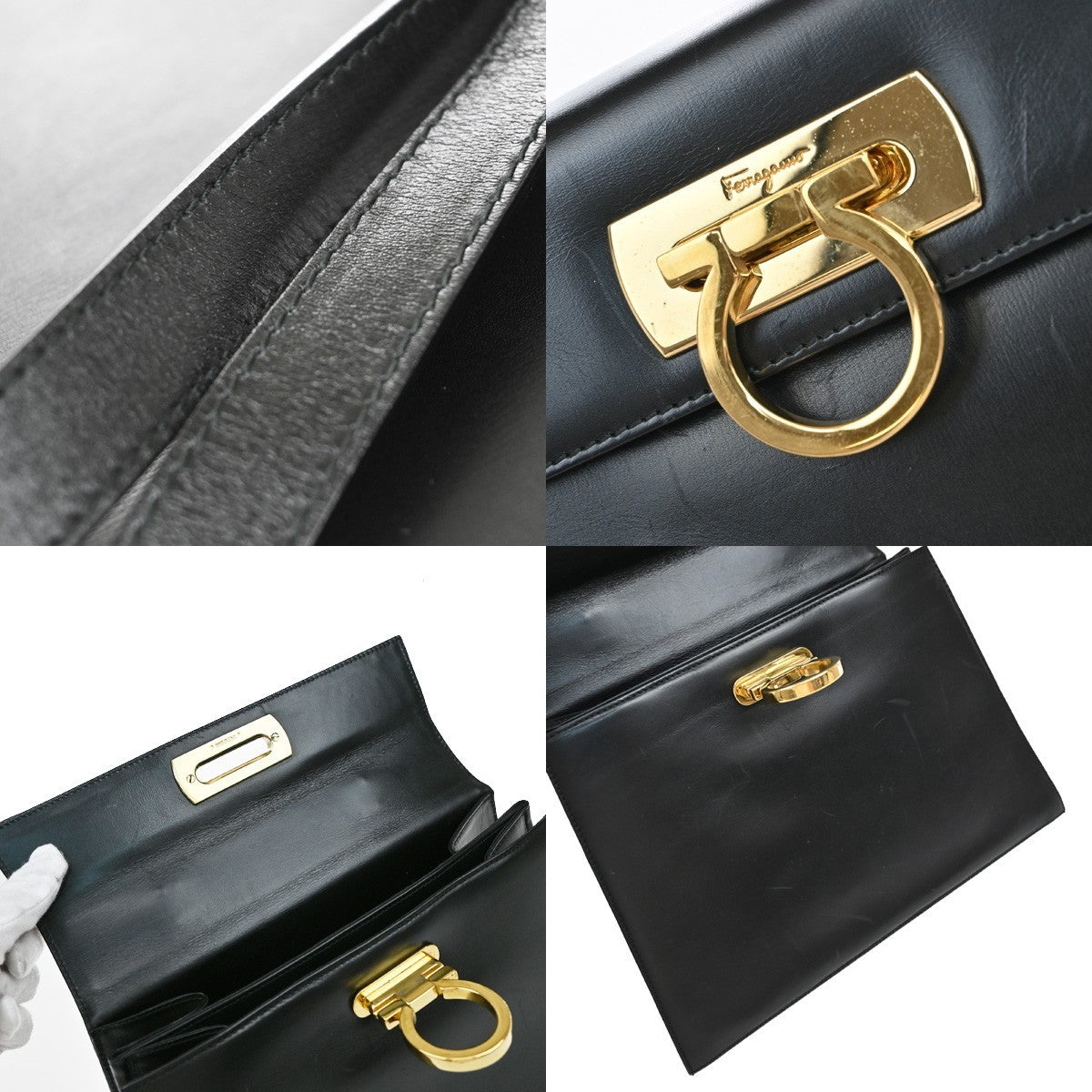 SALVATORE FERRAGAMO Gancini 2Way Shoulder Hand Bag Leather Black GHW 35EF349