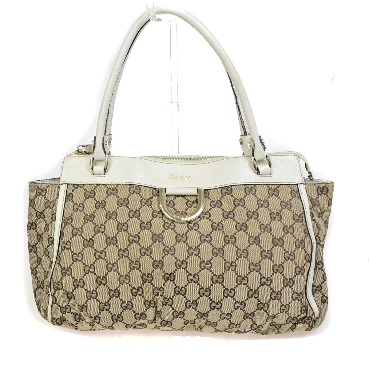 GUCCI Logo Abbey GG Pattern Shoulder Bag Canvas Leather Brown White GHW 66YG263