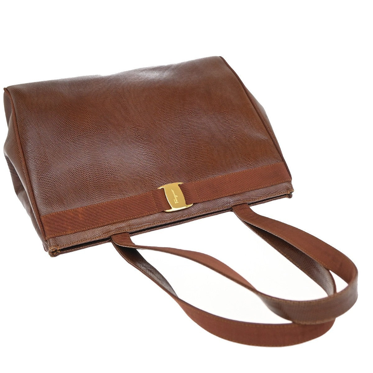 SALVATORE FERRAGAMO Logo Vara Hand Bag Embossing Leather Brown Gold 63EG040