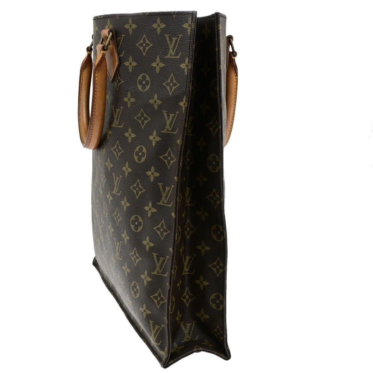 LOUIS VUITTON Logo Sac Plat Hand Tote Bag Monogram Leather Brown M51140 30EE026