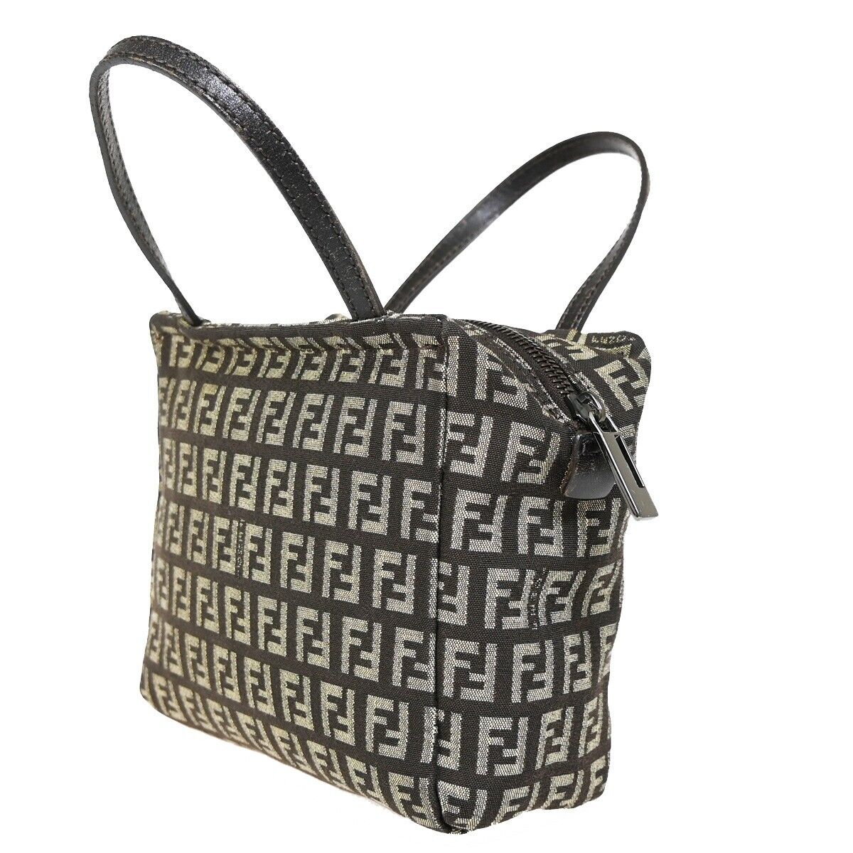 FENDI Logo Zucchino Mini Hand Bag Canvas Leather Brown Silver Italy 61HB935