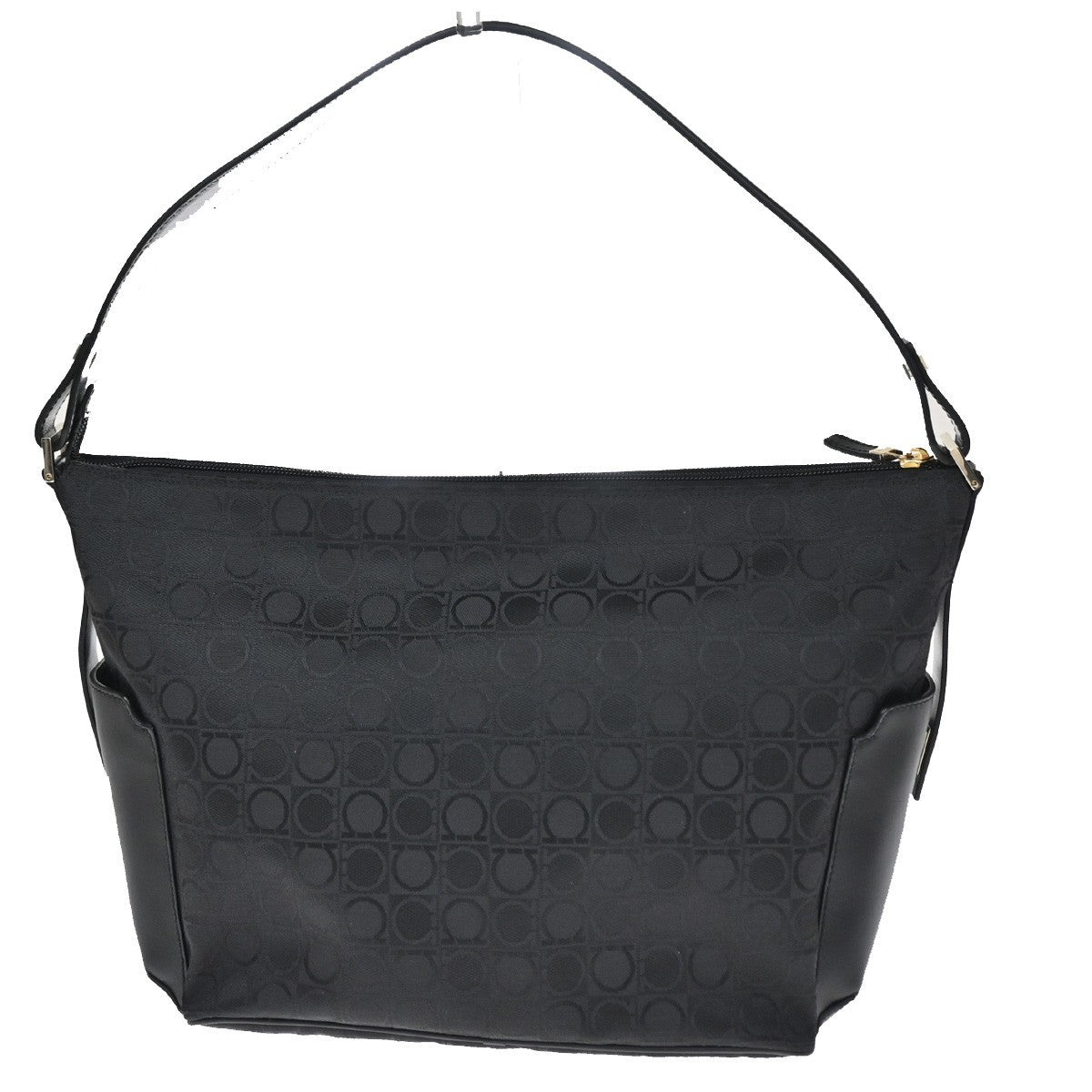 SALVATORE FERRAGAMO Logo Gancini Hand Bag Canvas Leather Black GHW Italy 63CA873