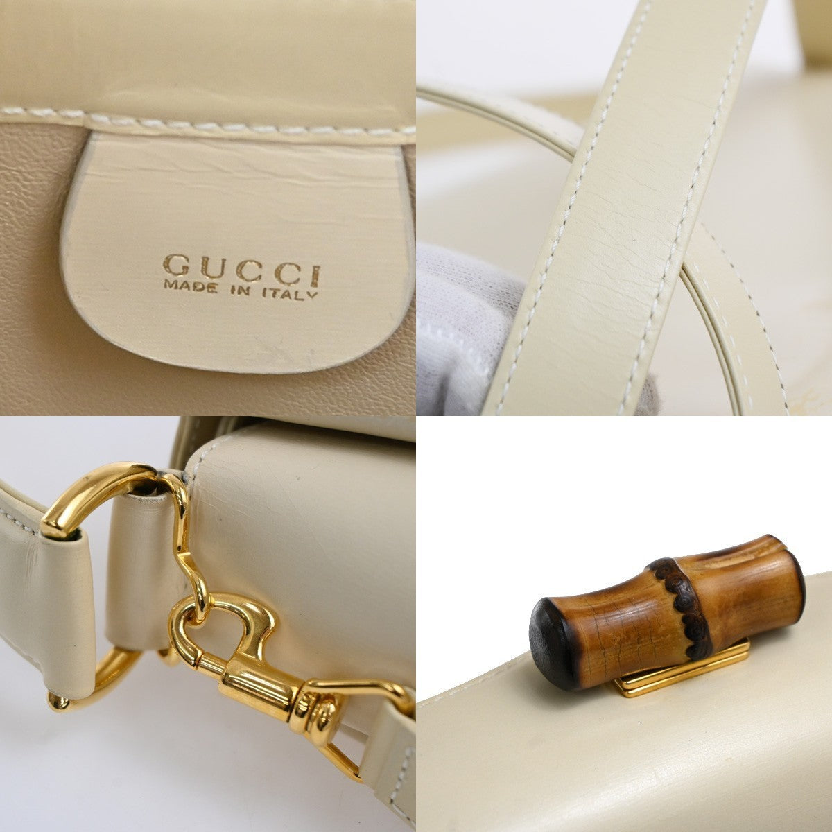 GUCCI Logo Bamboo 2Way Shoulder Hand Bag Leather Beige GHW Italy 34CA516