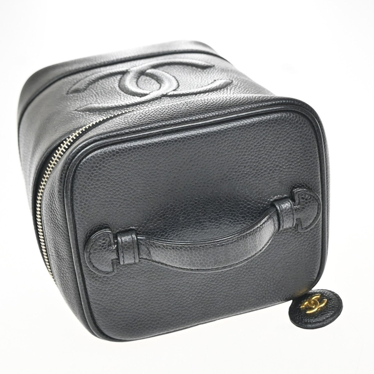 CHANEL CC Vanity Cosmetic Hand Bag Grained Calfskin Leather Black GHW 50RF685
