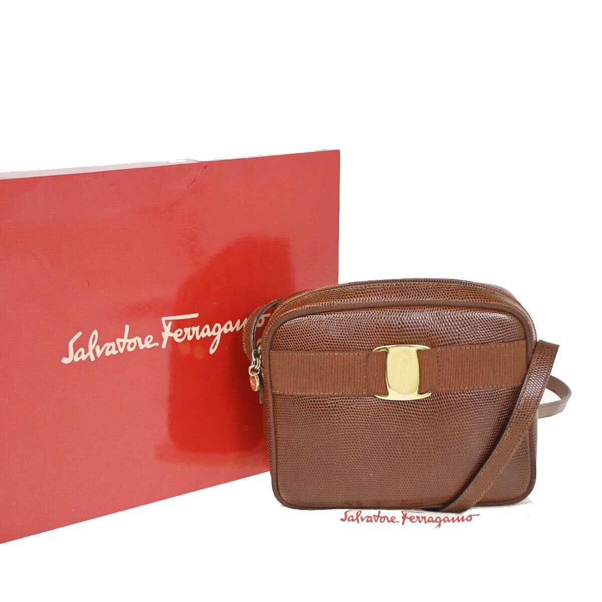 SALVATORE FERRAGAMO Vara Mini Shoulder Bag Embossing Leather Brown GHW 62YD180