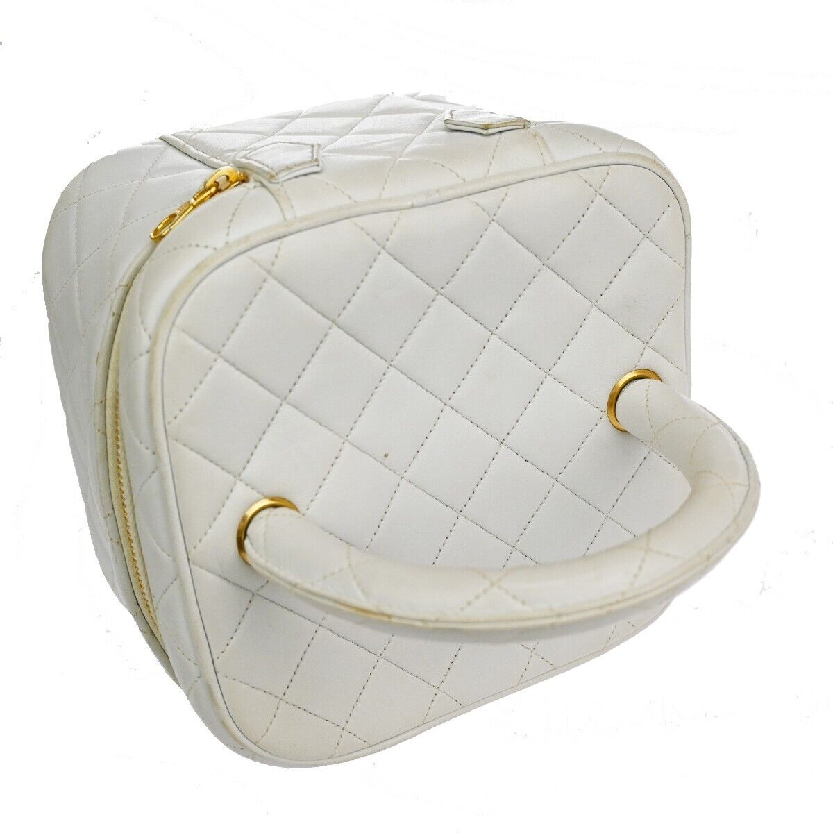 CHANEL Logo Matelasse Vanity Hand Bag Leather White GHW France Vintage 96RH435