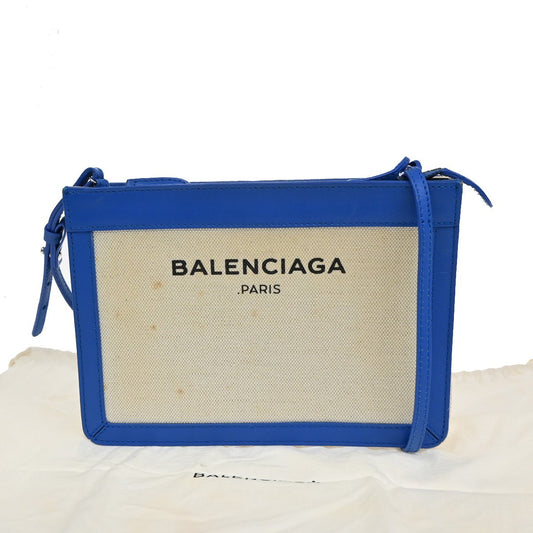 BALENCIAGA Logo 2Way Shoulder Clutch Bag Canvas Leather Beige Blue 62FB962