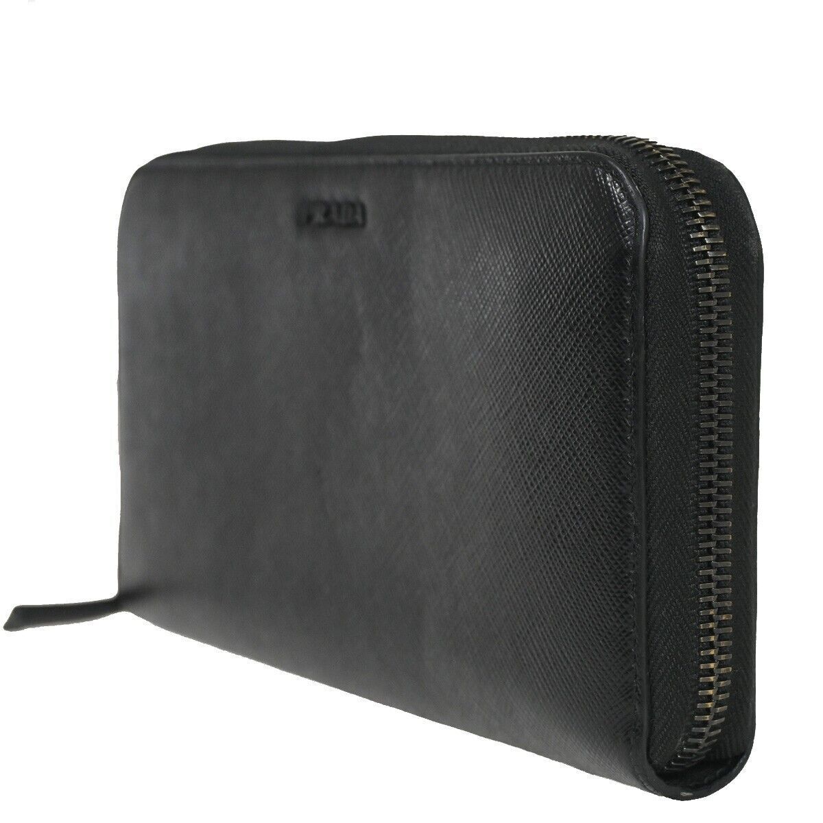 PRADA Logo Saffiano Long Bifold Wallet Purse Leather Black Silver Italy 87RH021