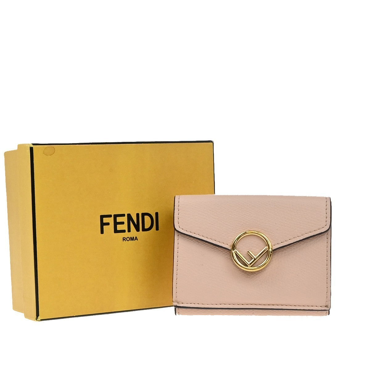 FENDI Logo Mini Trifold Campact Wallet Leather Pink Italy 69KP052