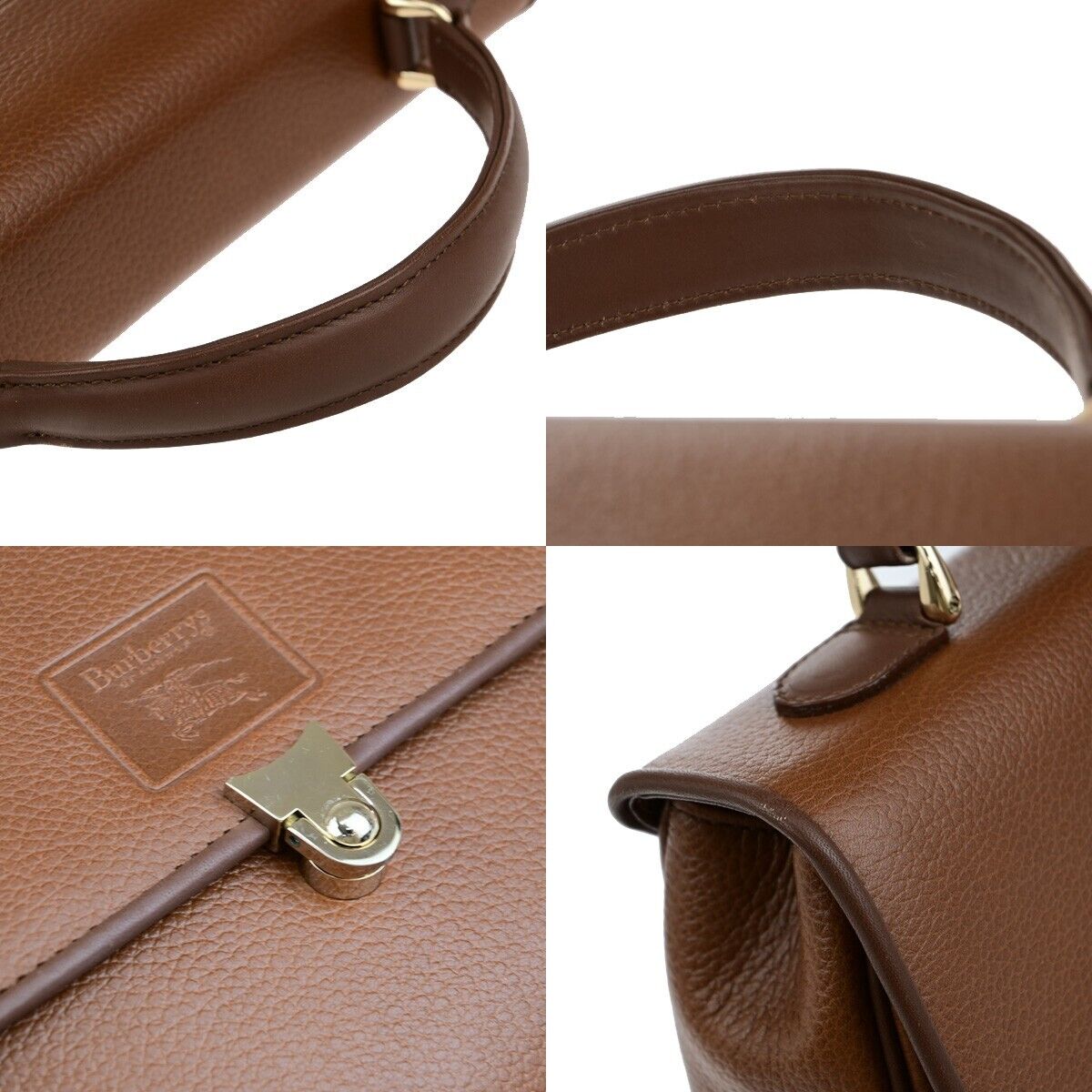 Burberrys Logo Nova Check Top Handle Hand Bag Leather Brown GHW 61ED329