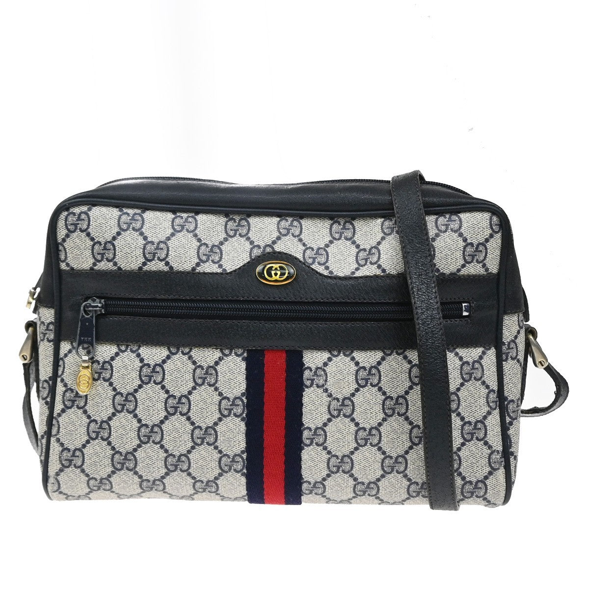 GUCCI Logo Sherry Web Line GG Pattern Shoulder Bag PVC Leather Blue 67YJ157