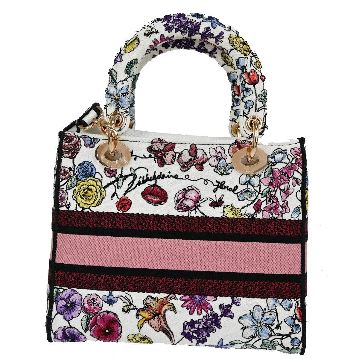 48CHRISTIAN DIOR Lady D-Lite Florilegio Embroidery 2Way Hand Bag Canvas 782LC456