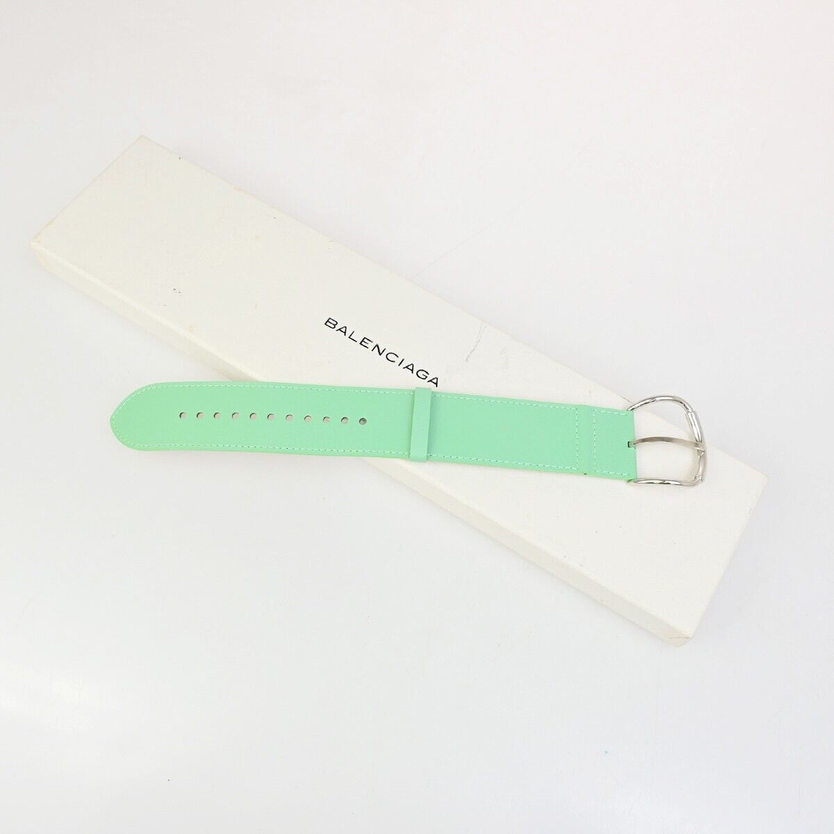 BALENCIAGA Logo Wide Bracelet Bangle Leather Light Green SHW 09KA497