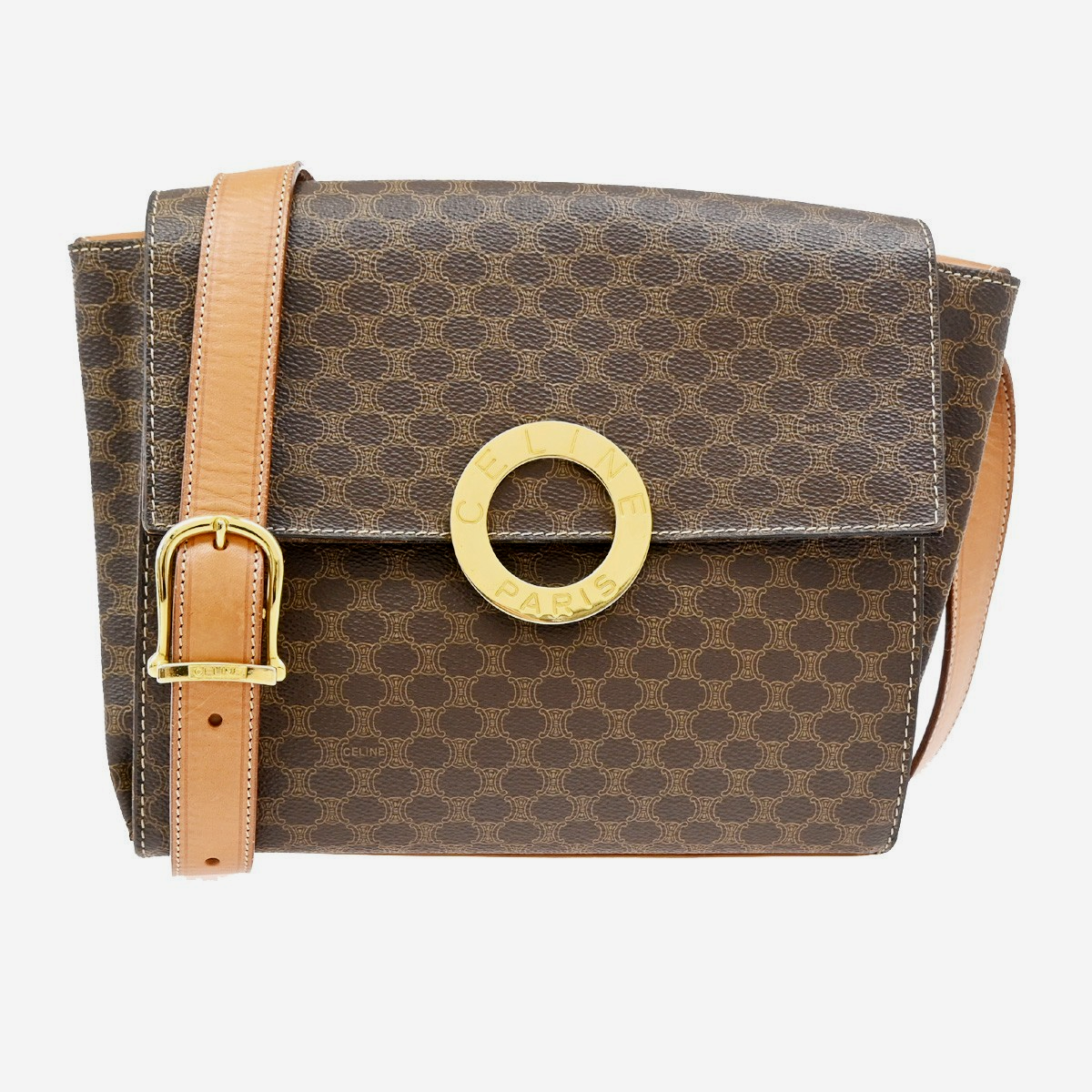 CELINE Macadam Circle Logo Shoulder Bag PVC Leather Brown GHW 88TA110