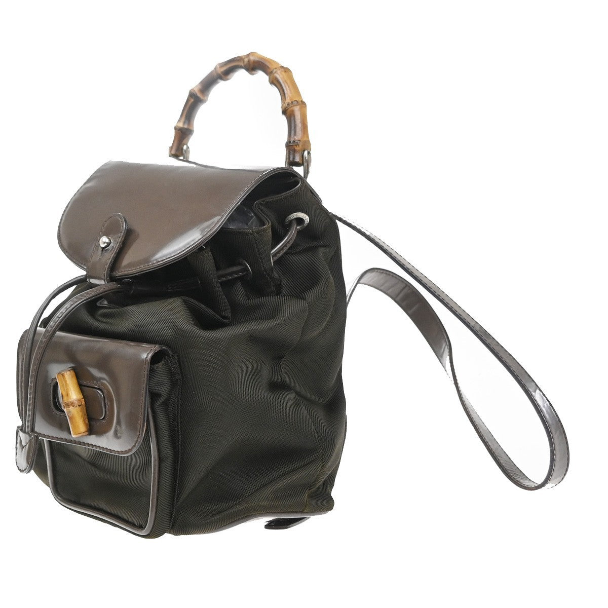 GUCCI Logo Bamboo Backpack Bag Patent Leather Nylon Brown Italy 62EG399