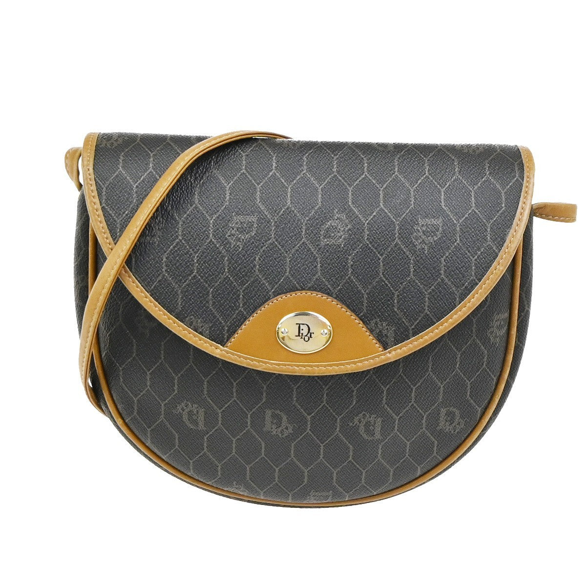 CHRISTIAN DIOR Logo Honeycomb Shoulder Bag PVC Leather BK BN GHW France 38YH902