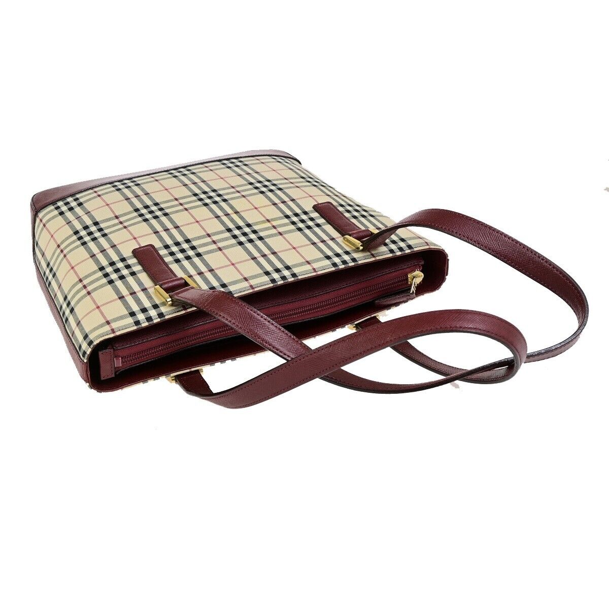 BURBERRY Logo Hand Bag Nova Check Canvas Leather Burgundy GHW 83RK727