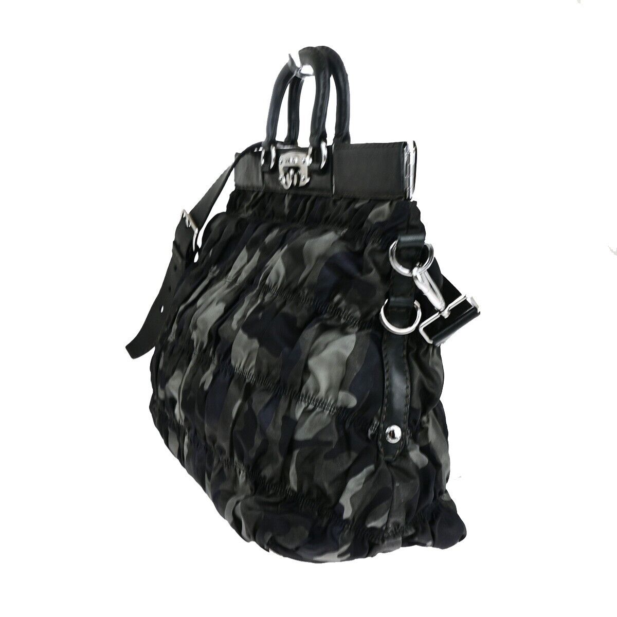 PRADA Logo 2Way Hand Shoulder Bag Nylon Leather camouflage Khaki silver 70SH963