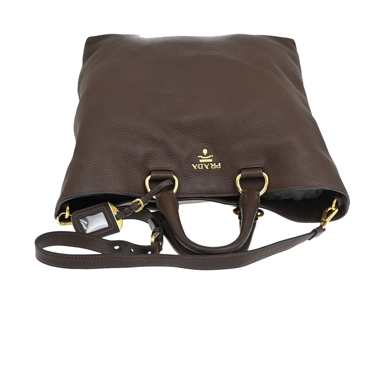 PRADA Logo 2Way Shoulder Tote Hand Bag Leather Brown Gold Italy 53RF343