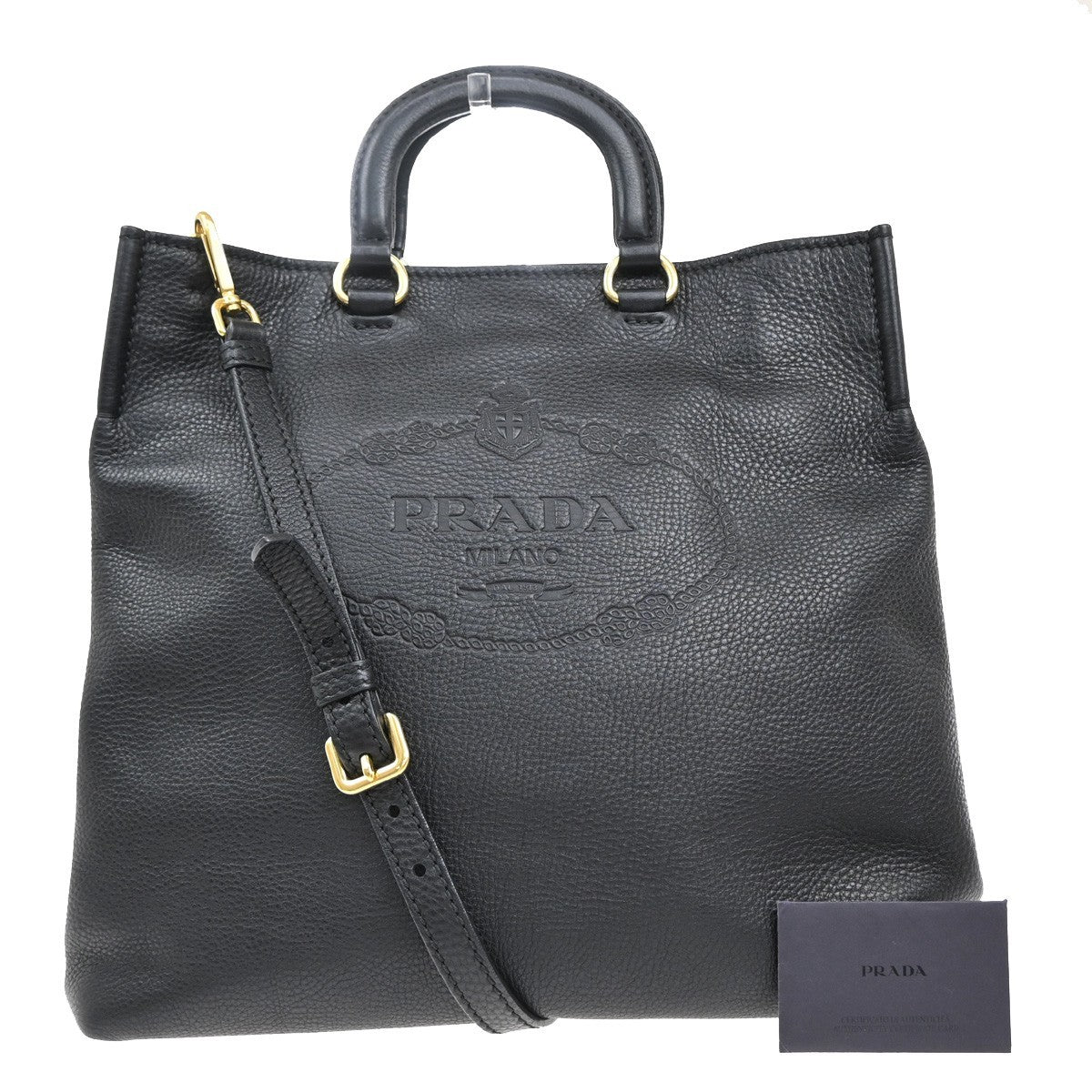 PRADA Logo 2Way Shoulder Hand Bag Vit Daino Leather Black GHW 25RF857