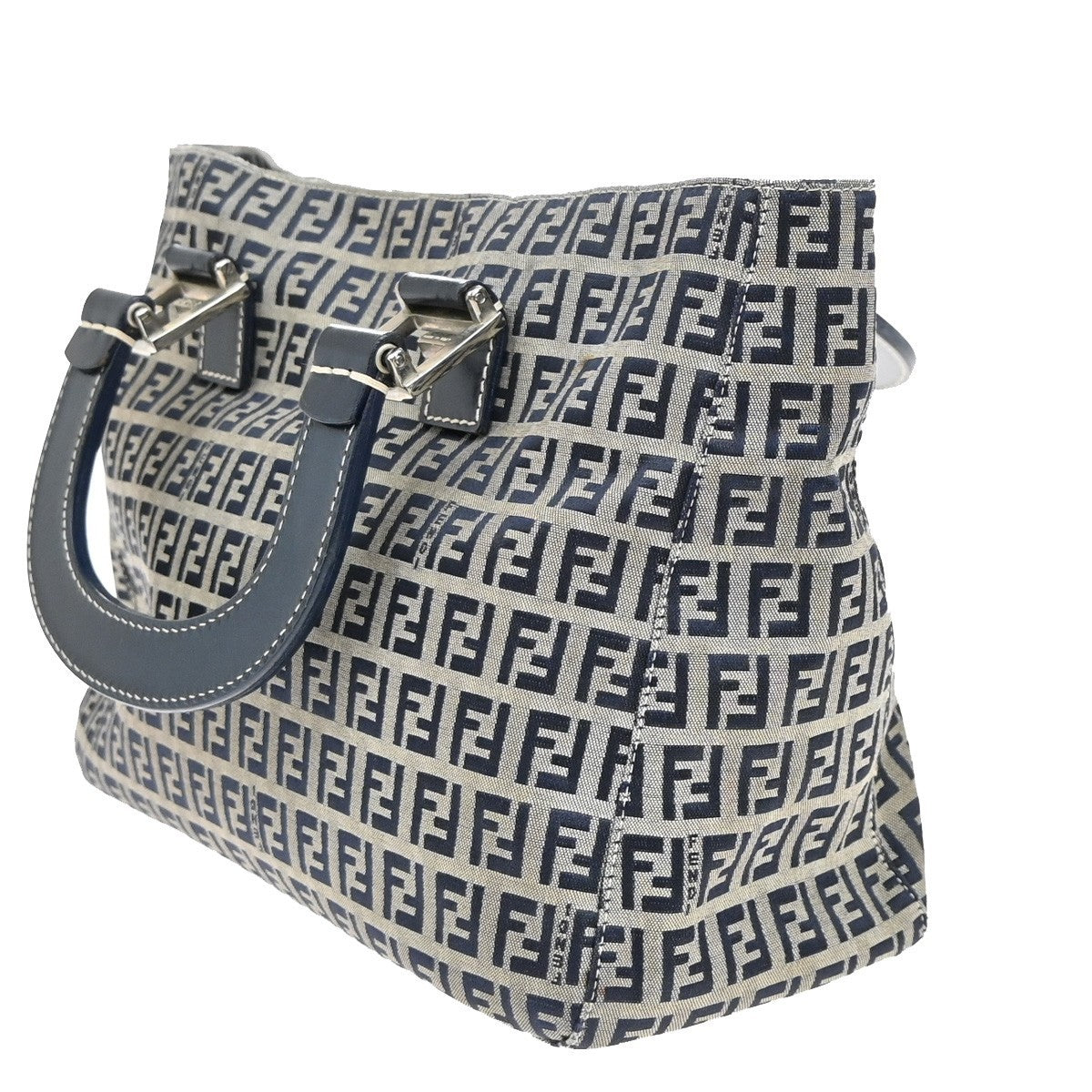 FENDI Logo Zucca Pattern Shoulder Bag Canvas Leather Navy Blue Italy 85EF815