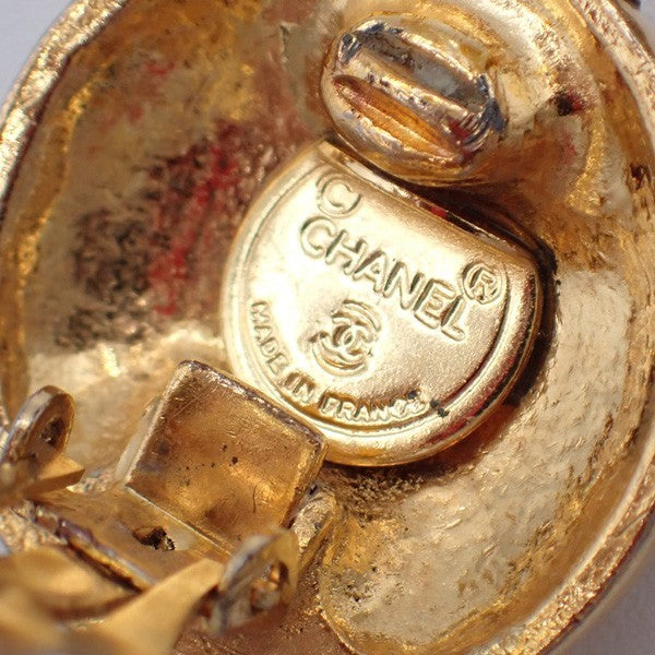 CHANEL Logo Rhinestones Earrings Clip-on Gold France Vintage 36RL872