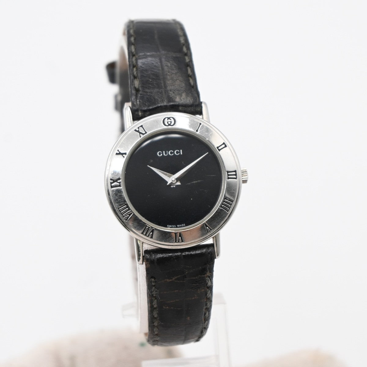 GUCCI 3000L Watch Quartz 25 mm Stainless Steel Embossing Leather Black 05LC590