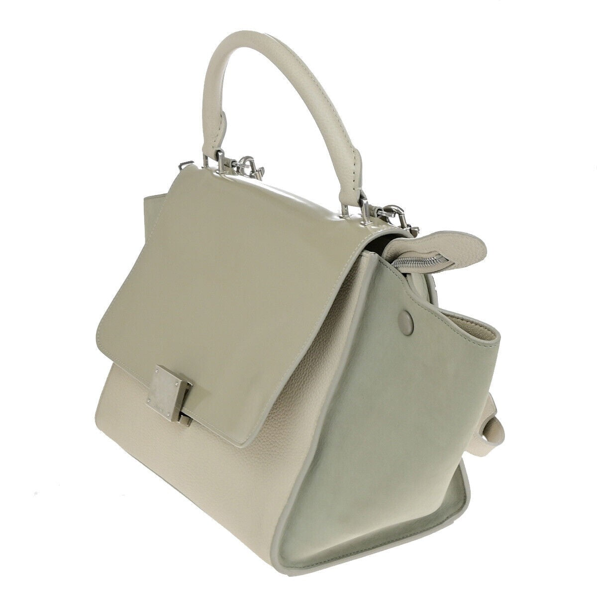 CELINE Logo Trapeze 2Way Shoulder Hand Bag Suede Patent Leather Beige 83YF548