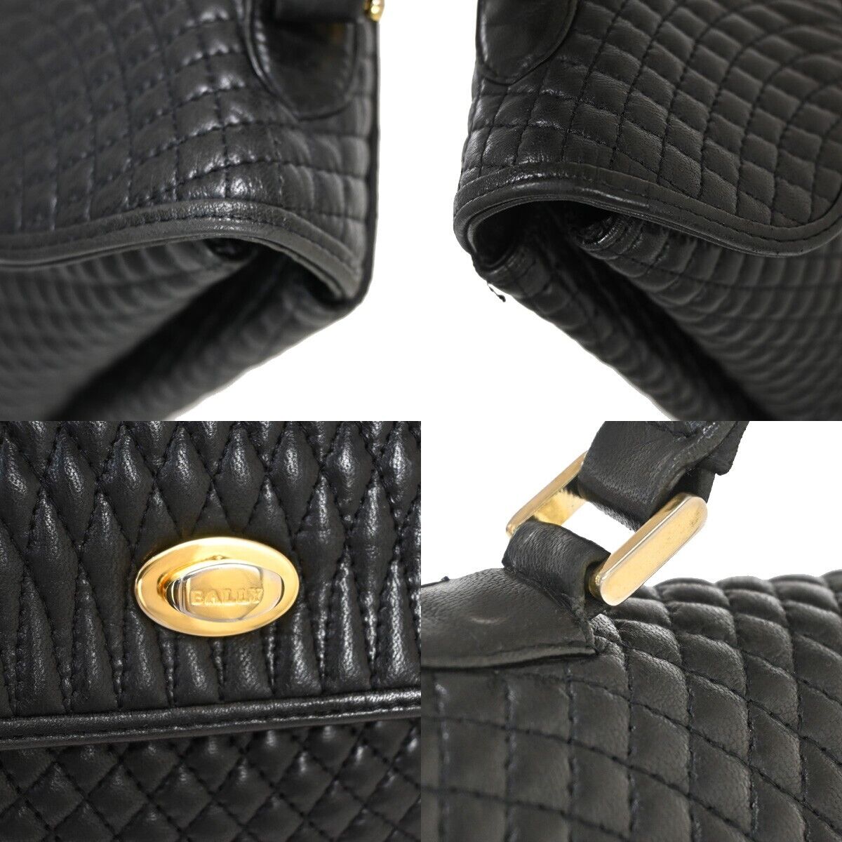 BALLY Logo Hand Bag Leather Black Gold-Plated Made In Italy 02YD220