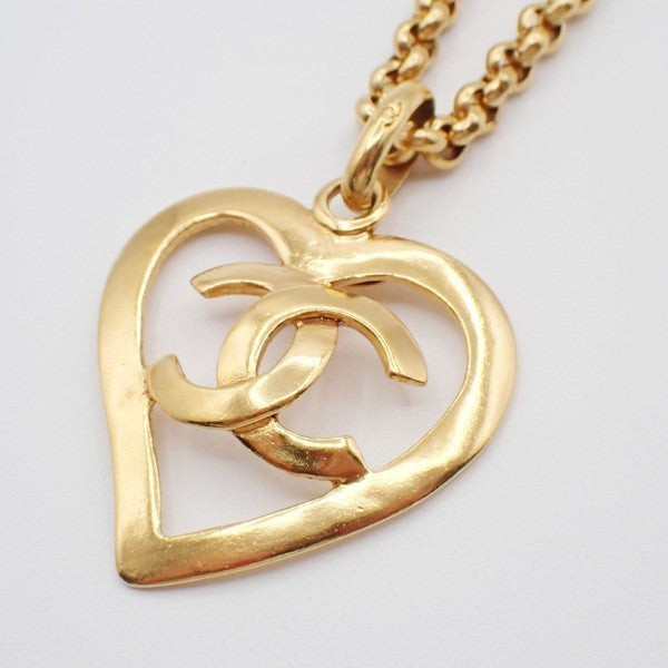 CHANEL CC Logo Heart Long Chain Necklace Pendant 95P Gold France Vintage 91RL487