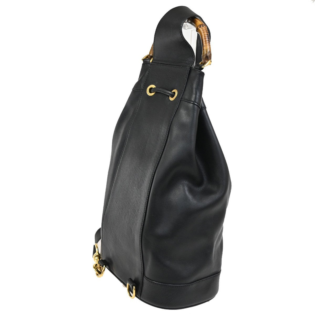 GUCCI Bamboo  Drawstring One Shoulder Back Pack Bag Leather BK GHW 88TA580