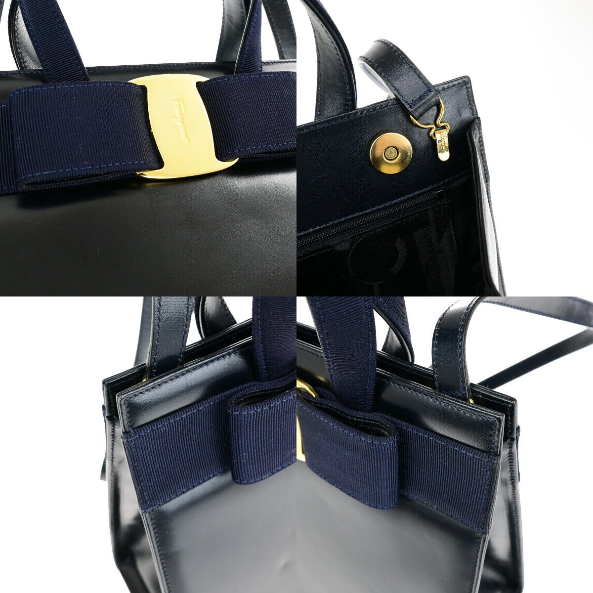 SALVATORE FERRAGAMO Vara Hand Bag Canvas Leather Navy Blue GHW Italy 37YF210