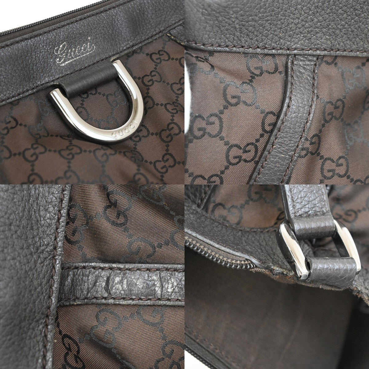 GUCCI Logo GG pattern Shoulder Bag Nylon Leather Brown Silver Italy 88EE172