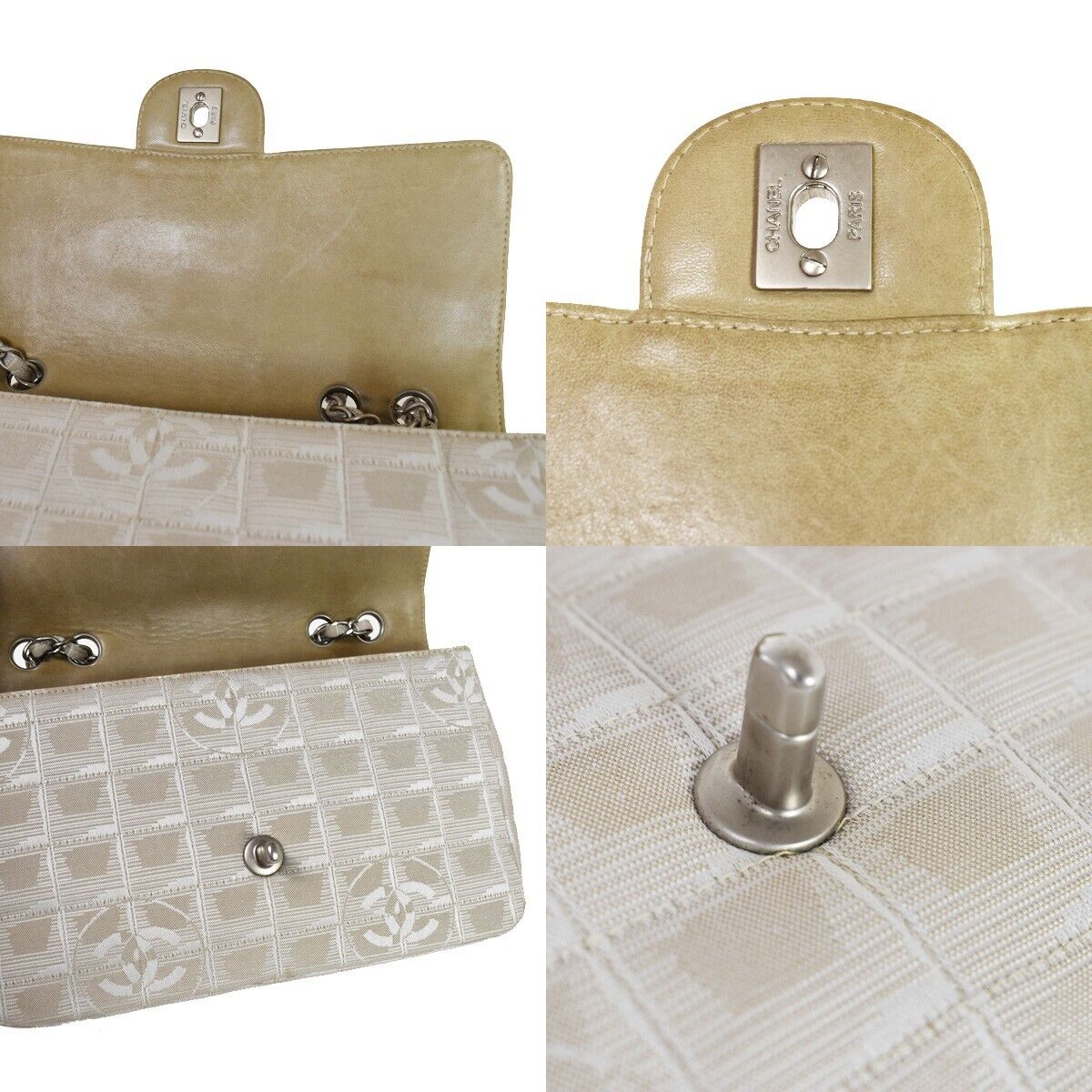 CHANEL CC New Travel Line Chain Shoulder Bag Jacquard Leather Beige 683RH753