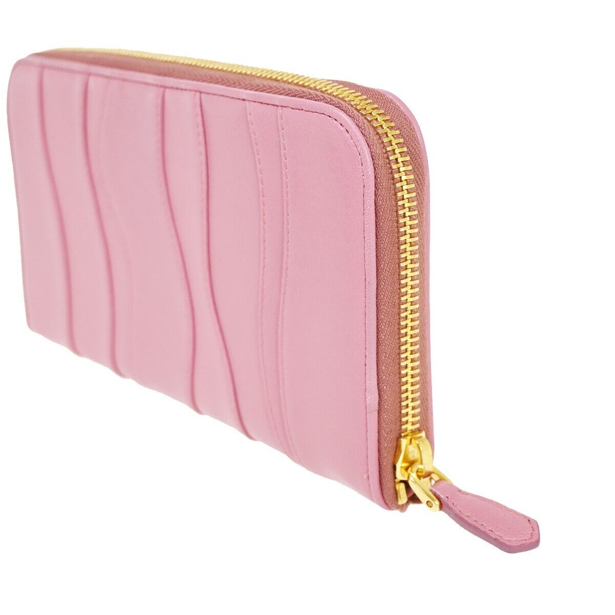 PRADA Logo Long Zip Wallet Nappa Stripes Leather Camelia Pink Gold Italy 82SH690