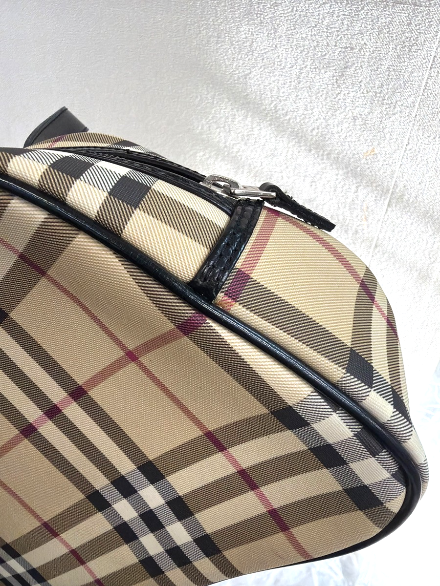 BURBERRY Logo Nova Check Pattern Hand Bag PVC Leather Black Beige SHW 31KD025