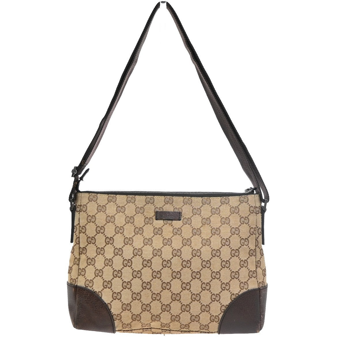 Gucci GG Logo Zipper Crossbody Shoulder Bag Canvas Leather Brown Italy 83PA116