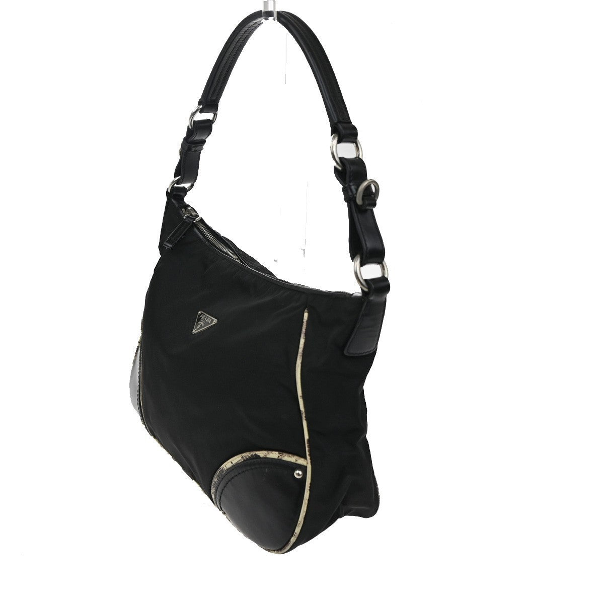 PRADA LOGO Tessuto Shoulder Bag Nylon Embossing Leather Black White SHW 34KC287