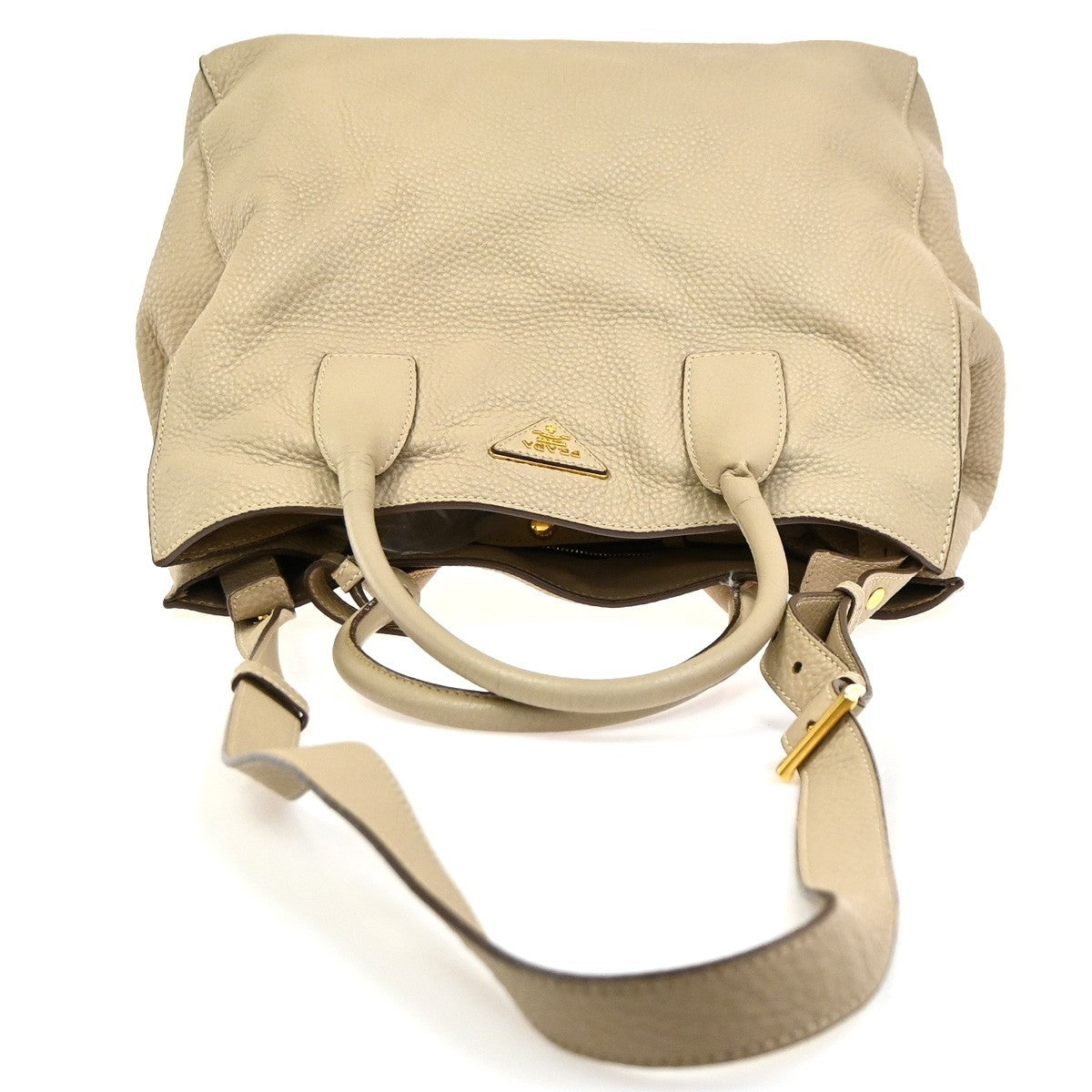 PRADA Logo Large 2Way Shoulder Hand Tote Bag Leather Beige GHW Italy 80KC640