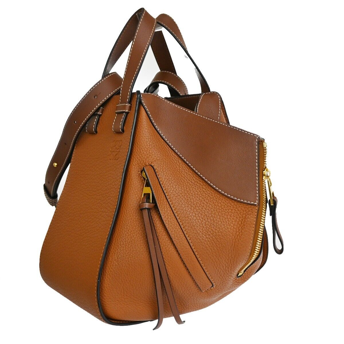 LOEWE Logo Hammock Small 2Way Shoulder Hand Bag Leather Brown Gold 636RJ395