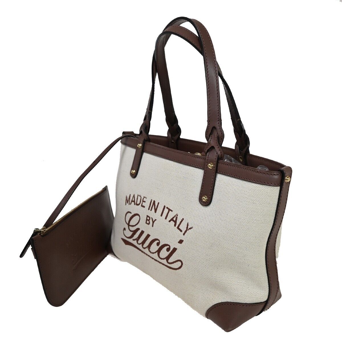 GUCCI Logo Shoulder Hand Tote Bag Pouch Canvas Leather Brown Gold Italy 72YD994