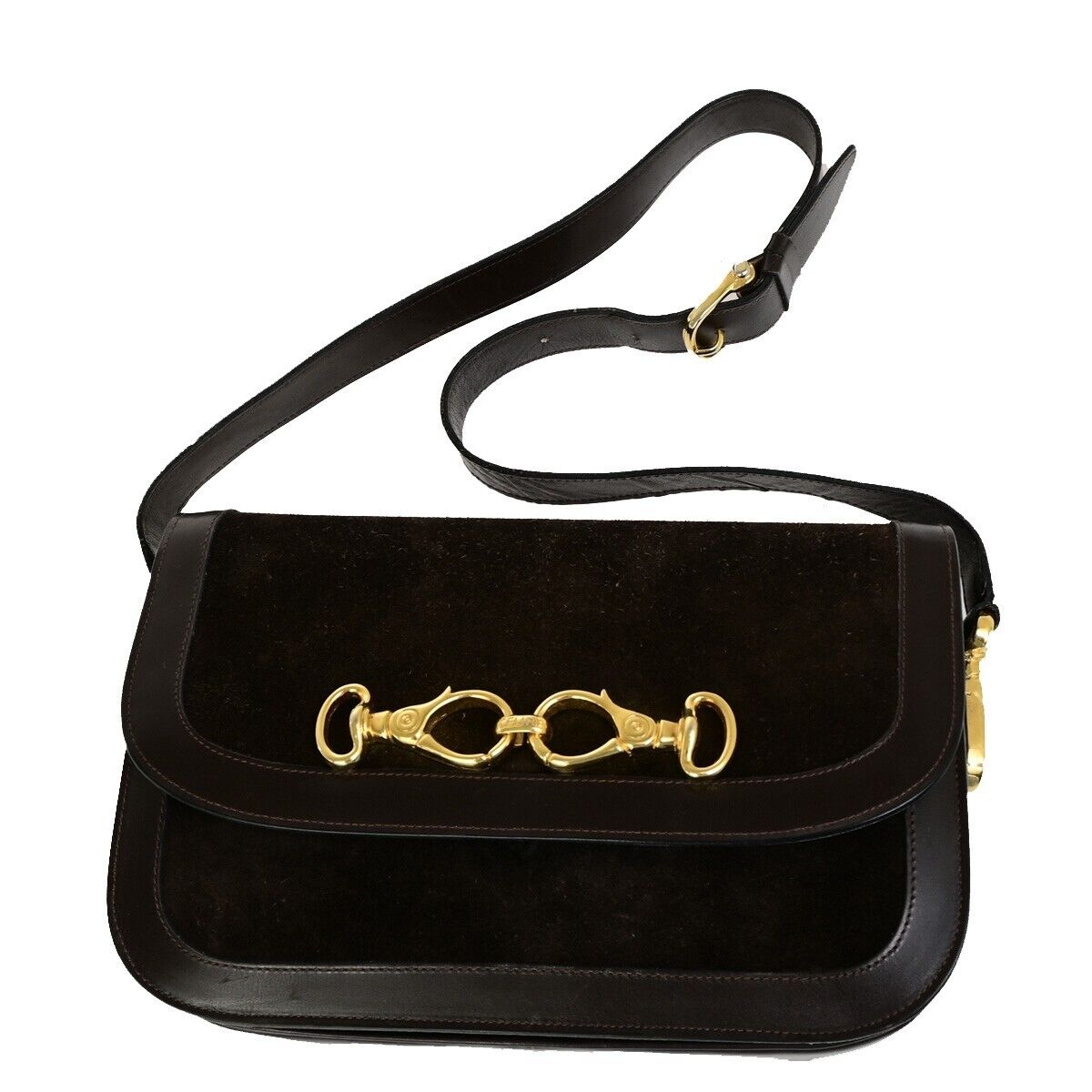 CELINE Logo Crossbody Shoulder Bag Suede Leather Brown GHW 63EC954