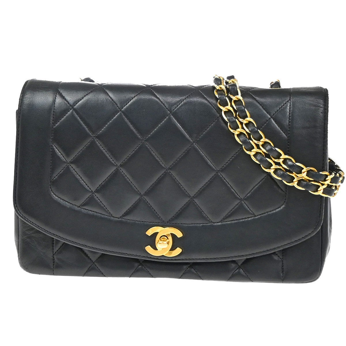 CHANEL CC Logo Diana Matelasse 25 Chain Shoulder Bag Leather Black GHW 629RF597