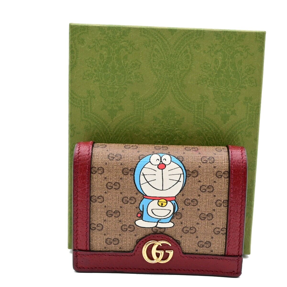 GUCCI Logo GG Pattern Doraemon Bifold Wallet Purse Supreme Leather Brown 34HB941