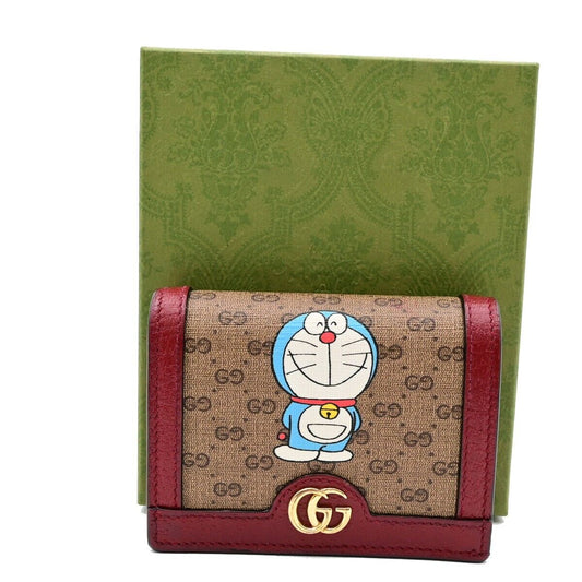 GUCCI Logo GG Pattern Doraemon Bifold Wallet Purse Supreme Leather Brown 34HB941