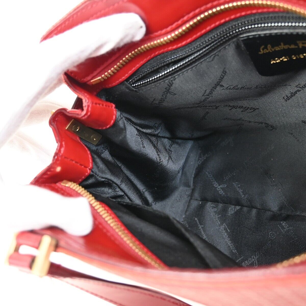 SALVATORE FERRAGAMO Logo Gancini Hand Bag Leather Red Gold Italy  66SH719